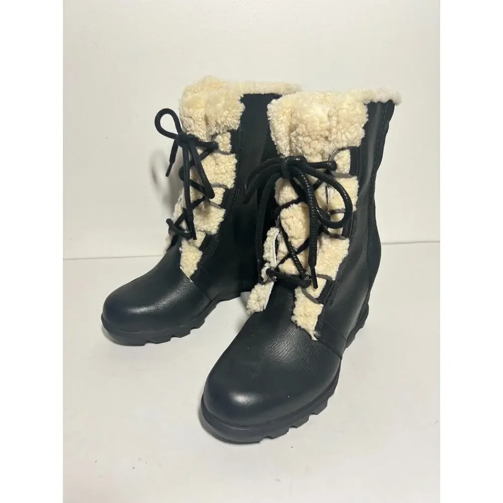 Sorel EUC Black Leather Joan of Arctic Wedge II Shearling Waterproof Boot Size 8